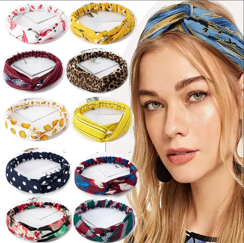 DS006 Women Boho Headbands Elastic Hair Bands Cross Hair Wrap Twisted Headband Vintage Polka Dot Print Wide Cross Headband