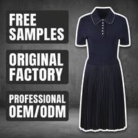 Robe de bureau chic pour femme, bleu marine uni, coupe mini trapèze, col polo, tricotée, manches courtes, jupe plissée accordéon