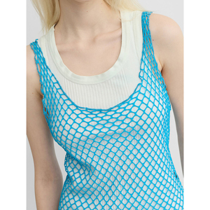 Abito Mini a Rete Blu a Strati Senza Maniche con Scollo a Barchetta e Spalline Sottili, con Fodera in <span class=keywords><strong>Cotone</strong></span> a Costine Bianco - Product Image 2