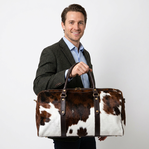 Bolsa de Viaje de Cuero Vacuno para Hombre, Marrón y Blanco, Rectangular, con Cierre de Cremallera, Asa Doble, Capacidad de 36-56L, Duradera - Product Image 1