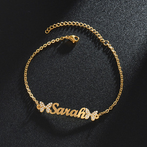Personalized Stainless Steel Name Bracelet Necklace Set Gold Plated Butterfly Design Zircon Accents Custom Gift Jewelry Women - Product Image 1