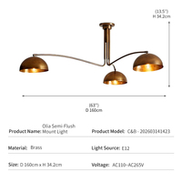 Plafonnier LED 3 lumières Olia semi-encastré, style Mid-Century Modern, en laiton bruni, avec bras arqué, pour salon et salle à manger, design nordique de luxe