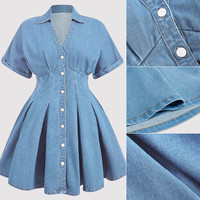 Robes en jean décontractées personnalisées Y218976 pour femmes, à col en V, manches courtes, coupe ajustée, pour le bureau