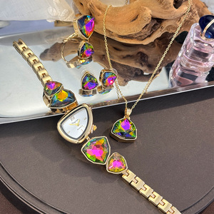 Colorful Diamond-Embedded Irregular-Shaped 4-Piece Jewelry <strong>Watch</strong> <strong>Set</strong> (<strong>Watch</strong> + Necklace + Ring + Earrings) - Product Image 3