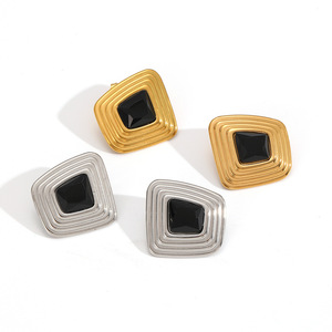 Geometric <b>Stud</b> <b>Earrings</b> With <b>Black</b> Stone Bezel Setting For Women Party Fashion Jewelry Silver And Gold Tone - Product Image 5