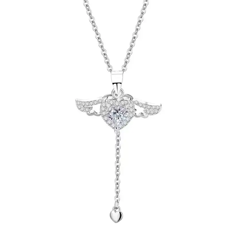 Colar delicado de prata esterlina 925 cristal asas de anjo cupido rosa pingente Hesrt para mulher