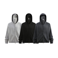 Sweat-shirt à capuche avec masque intégré 340g pour homme, coupe ample, couleur unie, personnalisable, coupe épaules tombantes, coupe-vent, fermeture éclair, collection automne