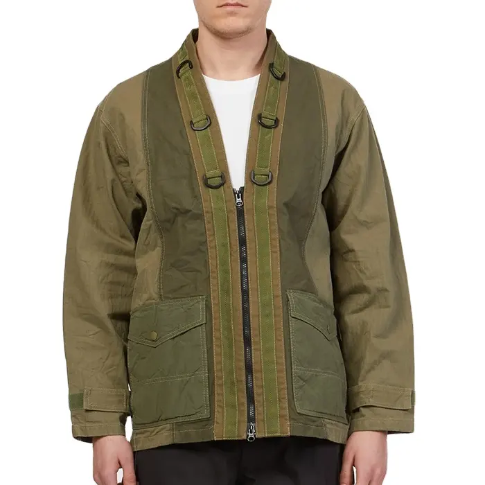 Fashion Long Sleeve Dark Green Cargo Jacket Men's Contrast Color Paneled Zip Closure Kimono Jackets With Patch Pockets
