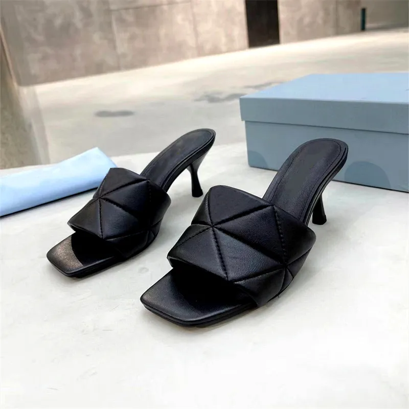 Luxury designer women's slippers Fashion medium heel leather triangle logo sandals summer sexy stiletto dinner shoes