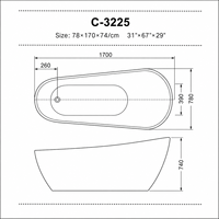 Bañera Independiente Personalizada Blanca Extra Profunda de 740 mm para Baño Familiar de 170 cm
