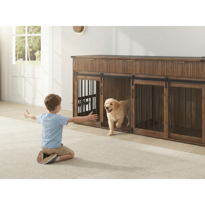 Furniture Style Double Dog <b>Crate</b> 71'' Walnut Woodgrain Top 3 Drawers Large Kennel Pet Furniture - Product Image 4