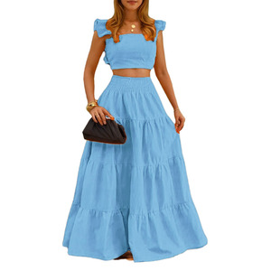 <span class=keywords><strong>Conjunto</strong></span> de 2 piezas <span class=keywords><strong>para</strong></span> mujer al por mayor: Top corto sin mangas con volantes y vestido maxi escalonado con cintura elástica <span class=keywords><strong>para</strong></span> fiesta en la playa o uso diario - Product Image 5