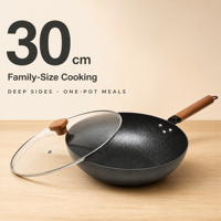Granit Antihaft-Wok 30cm Tiefe Kochpfanne mit Glasdeckel, Dampfauslass, Holzgriff und Aufhängeöse für Familienküche