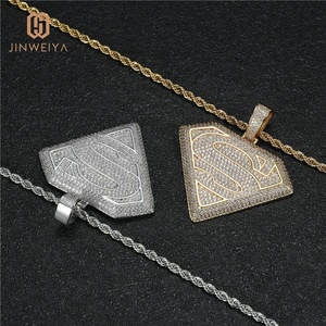 Grosir liontin <span class=keywords><strong>Superman</strong></span> kustom kualitas tinggi 18K Zircon kuningan berlapis emas Zircon perhiasan Hip Hop Ice out untuk pesta