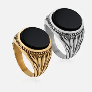 2024 trending Jewelry Mens 18k Gold Plated Stainless Steel Waterproof Gothic Rings Fashion Black Natural Agate Stone Ring