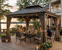Gazebo Metálico Permanente con Estructura de Aluminio y Techo Rígido, con Cortinas de Privacidad y Mosquitera