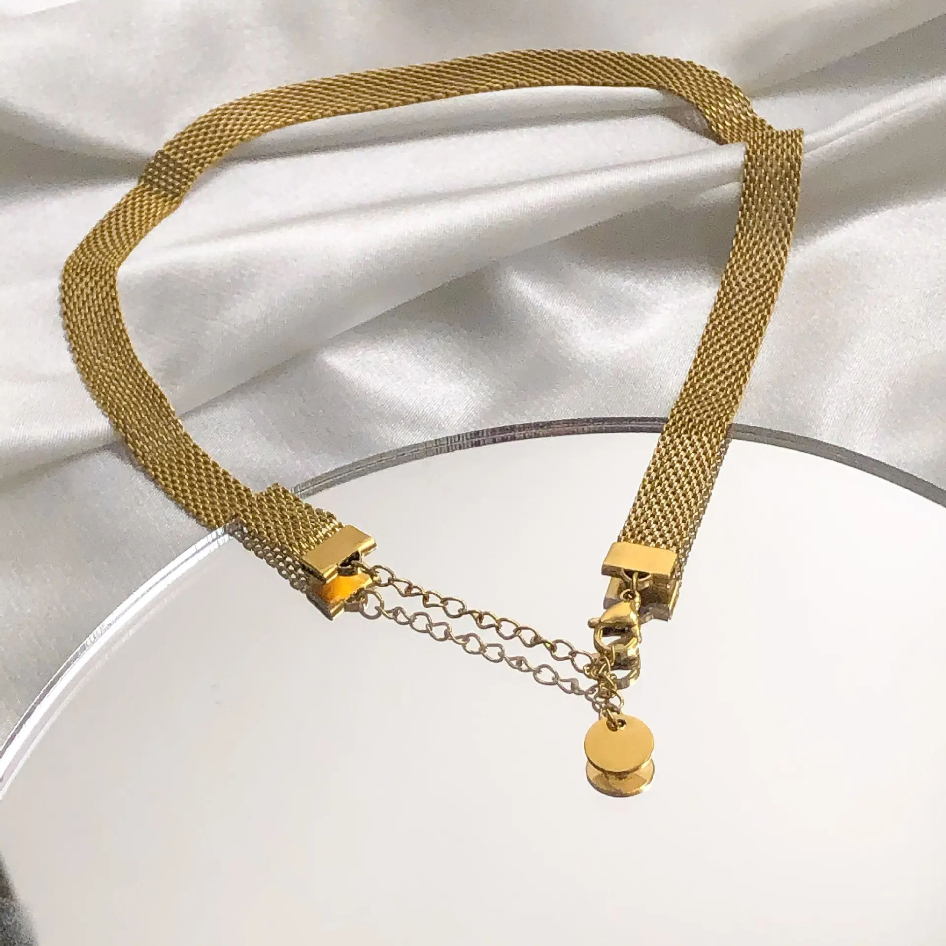 نساء مجوهرات التيتانيوم شبكة معدنية ربط قلادة واسعة الذهب لهجة الفولاذ المقاوم للصدأ حزام (استيك) ساعة قلادة