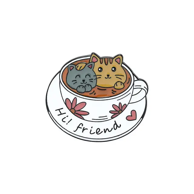 Wholesale Custom Cute Cats In Coffee Cup Lapel Enamel Pins Free Time Cartoon Brooches Badge Fashion Pin