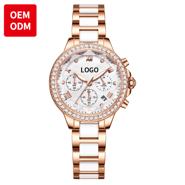 OEM 9999 Alloy Multifunction Sport Timing Calendar Watch Women White Stainless Steel Bracelet Luxury Diamond Dial Quartz Watch