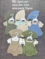 Ensemble 3 pièces d'été pour bébé garçon : body à manches courtes, short à bretelles et chapeau avec étiquette de suspension, tailles 3 à 12 mois, vente en gros, lot de vêtements pour bébé