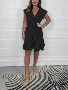 Nouveau cravate irrégulière longue robe été décontracté à manches courtes robe de trajet bureau dame profonde V volants couleur unie robes de soirée - Product Image 2