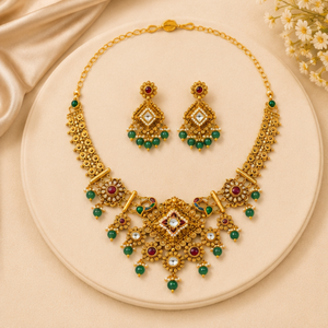 Ensemble de bijoux de mariée traditionnels en or 22 carats avec perles vertes et boucles d'oreilles assorties pour femmes - Product Image 6