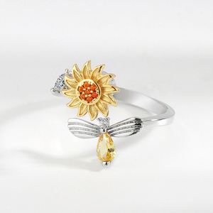 <b>Adjustable</b> Copper Rotating <b>Ring</b> with Cubic Zircon Gold/<b>Silver</b> Plated Sunflower Bee Design for Anxiety Relief and Stress Relief - Product Image 4