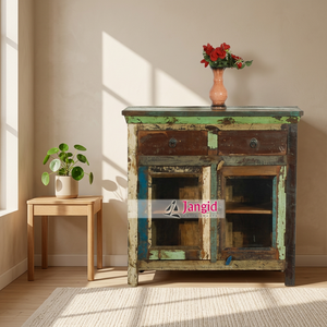 Buffets de rangement vintage en bois récupéré avec 2 tiroirs et une porte vitrée, meubles artisanaux indiens - Product Image 1