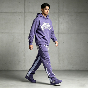 Custom Logo Cotton Tracksuit Jogger Sweatpants And Hoodie <b>Set</b> Men Raw Hem Hoodie Flare Pants Hoodie <b>Set</b> - Product Image 1