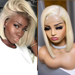 Nuova Parrucca Bob Corta <span class=keywords><strong>Riccia</strong></span> <span class=keywords><strong>Bionda</strong></span> 613 con Frontale in Pizzo, Capelli Umani Europei Allineati alla Cuticola - Product Image 3