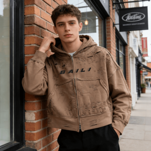 Customizable Men's Distressed Frayed <b>Zip</b> Up <b>Hoodie</b> Vintage <b>Brown</b> Washed Streetwear <b>Hoodie</b> - Product Image 1