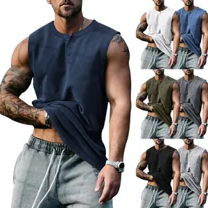 Sommer Herren Sport Basketballweste Training Gym Rundhalsausschnitt Slim-Fit Henley ärmelloses T-Shirt Tanktop Übergröße Herrenwesten