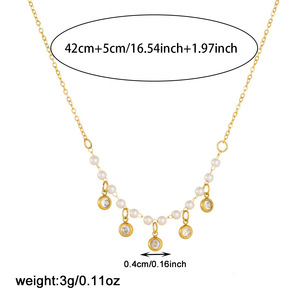 Faux Pearl Chain Necklace Gold Plated Bezel Set Crystal Everyday Wear - Product Image 4