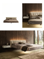 Tête de lit en cuir plissé horizontal délicat, design italien moderne et minimaliste, lit double, lit flottant, lit LED, lit moelleux