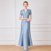 Robe de soirée sirène en satin champagne à col en V, avec appliques florales 3D, corsage à manches courtes, longueur ras du sol, sur mesure, vente en gros