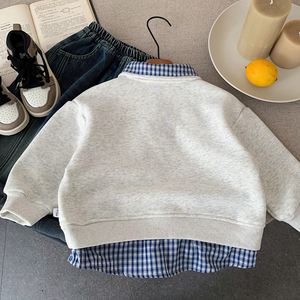 <span class=keywords><strong>Sweat</strong></span>-shirt décontracté ample pour enfants, col à carreaux et alphabet brodé, hiver 2025 - Product Image 6