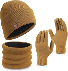 Ozero Wholesale新しいスタイルの大人の冬のトレンディなぬいぐるみニット帽手袋とスカーフ3ピースセット
