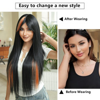 Wig Rambut Asli Berkualitas Tinggi 32in Model Lurus Alami Ri Silk untuk Wanita, Warna Oranye Cerah dengan Highlight, Ringan dan Bernapas