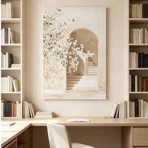 Stampa su Tela Wabi-Sabi con Fiori di Ciliegio in Tonalità Neutre, Arte Astratta con Arco, Quadro Decorativo Moderno Beige - Product Image 3