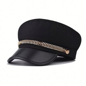 Gorra de Capitán de Moda Británica Primavera-Otoño 2025 con Cadena Metálica de Espina de Pescado, Visera de PU Personalizada y Estampado Serigrafiado - Product Image 6