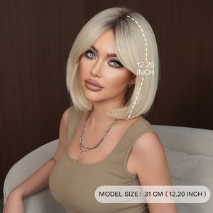12 Inch Women's <strong>Sandy</strong> Gold and White Straight Short <strong>Wig</strong> with Bangs Adjustable Cap Natural Heat Resistant Synthetic Fiber - Product Image 3
