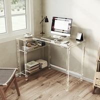 Bureau d'ordinateur en acrylique en forme de L avec 2 étagères d'affichage transparentes, bureau d'angle pour la maison ou le bureau avec rangement