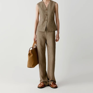 Ensemble <span class=keywords><strong>de</strong></span> <span class=keywords><strong>costume</strong></span> avec <span class=keywords><strong>gilet</strong></span> et blazer à armure toile en lin lavé pour femmes <span class=keywords><strong>de</strong></span> printemps personnalisé - Product Image 1