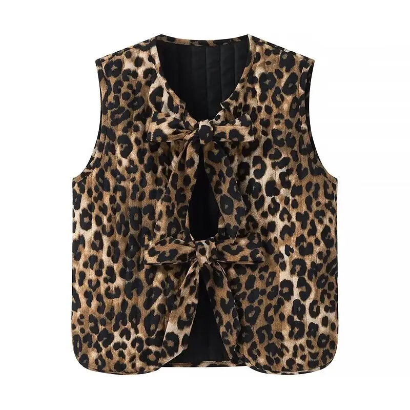 MYST&ZA Women's 2024 Spring and Summer New Fashion and Versatile Animal Print Bow Corduroy Casual Vest