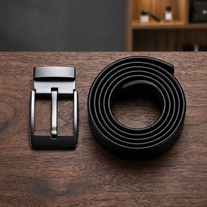 Men's Formal Cow Hide Leather <b>Belt</b> With Steel Pin Buckle Solid <b>Black</b> One-Piece Molding Durable Business Style - Product Image 3