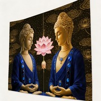 Tapisserie murale en polyester noir avec motif Bouddha Lotus Lumineux, facile à accrocher, décoration murale, impression HD, OEM ODM