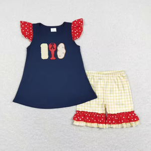 Ensemble barboteuse et short en vichy jaune avec applique homard nautique pour bébés garçons et filles - Product Image 3