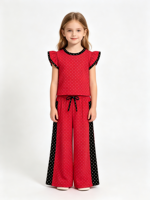 Ensemble de vêtements pour filles personnalisé à pois, haut court à manches bouffantes, pantalon large à rayures latérales, ensemble de vêtements décontractés pour enfants en 2 pièces