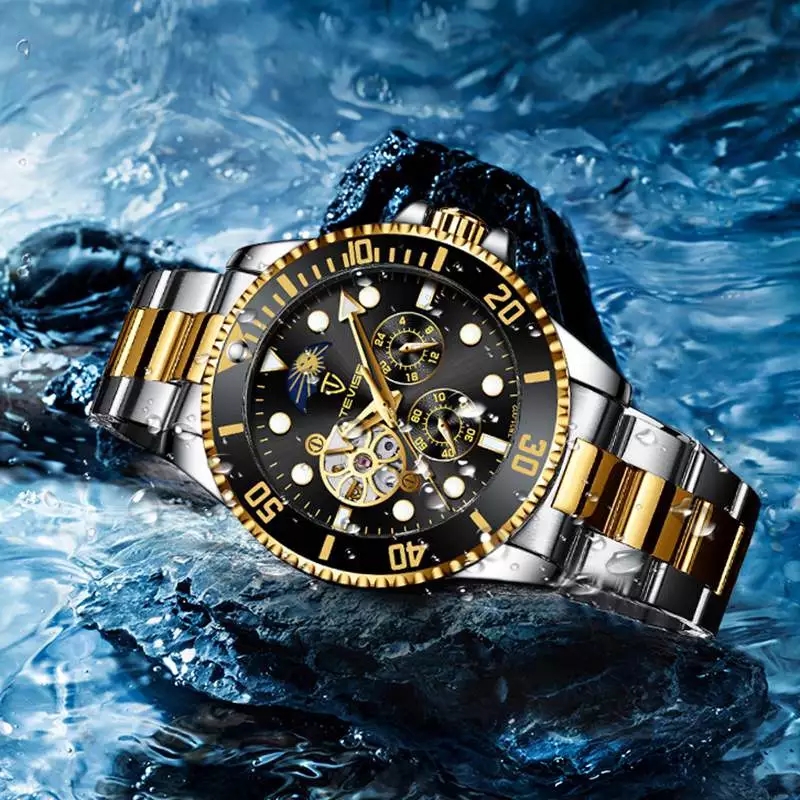 メンズ腕時計 ブランド 高級 ステンレススチール TEVISE トゥールビヨン ゴールド TEVISE795A高級シルバーメンズメカニカルウォッチステンレススチールバンドウォーターレジストムーンフェーズ24時間カジュアルリロイウォッチ