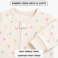 Combinaison pour bébé en fibre de bambou personnalisée avec nœud mignon, imprimé cœur et beignets, fermeture éclair bidirectionnelle, vêtements de nuit pour tout-petits